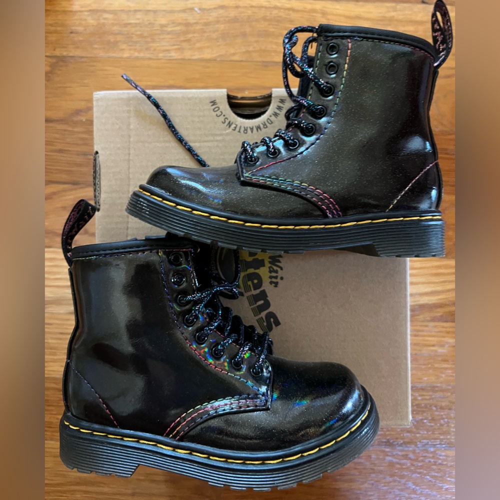 Dr. Martens- Toddler Black Boots with Rainbow Stitching